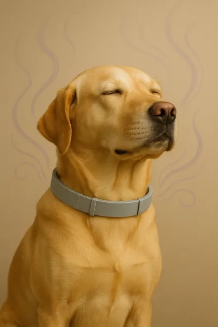 Pheromone collar for a dog on a table
