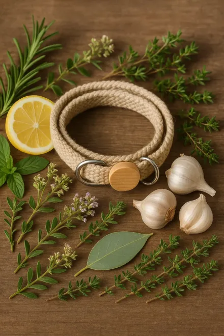 Collar antiparasitario natural con aceites esenciales sobre una mesa de madera