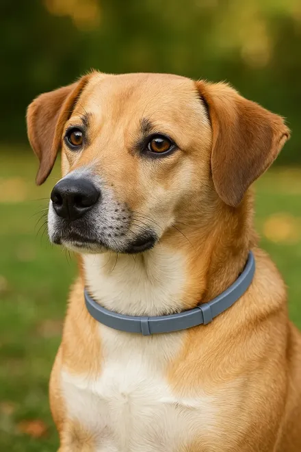 Collar antiparasitario químico sobre superficie blanca junto a frasco de producto