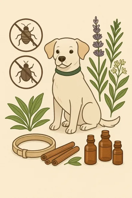 Perro con collar antiparasitario natural paseando en un entorno verde