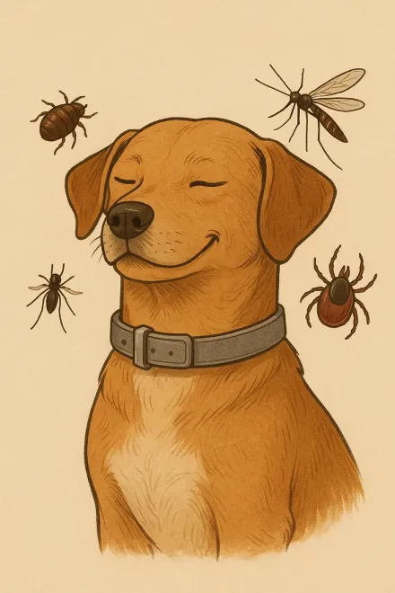 Perro con collar antiparasitario químico disfrutando al aire libre