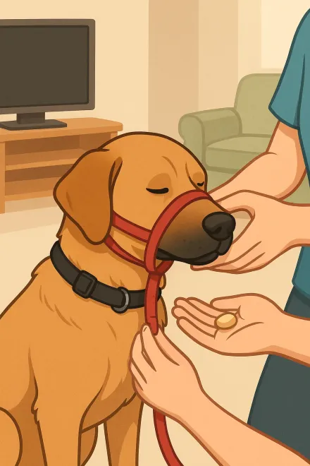 Trainer fitting a Halti on a dog
