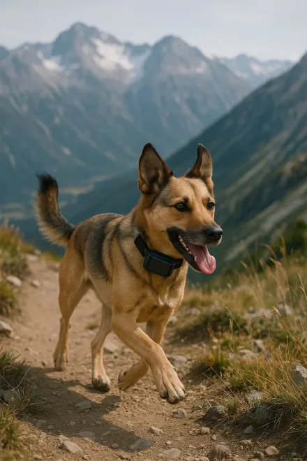 Proprietario che controlla il collare GPS del suo cane prima di uscire