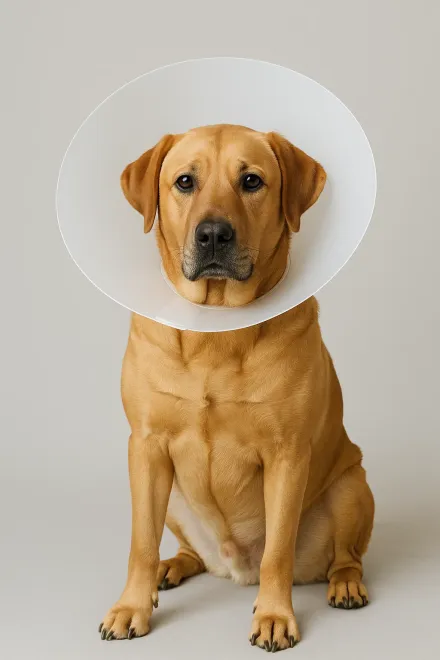Large dog with Elizabethan collar after surgery