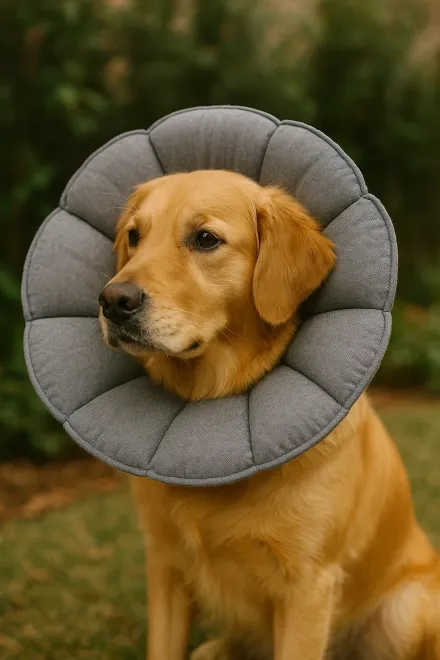 Fabric Elizabethan collar for dog resting comfortably