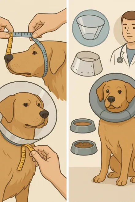 Veterinarian putting an Elizabethan collar on a large dog
