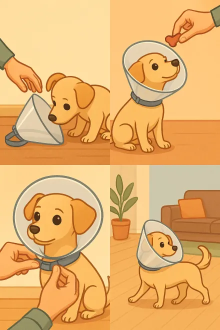 Owner helping small dog with Elizabethan collar