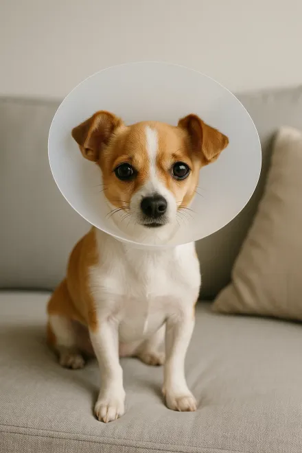 Small dog with transparent Elizabethan collar