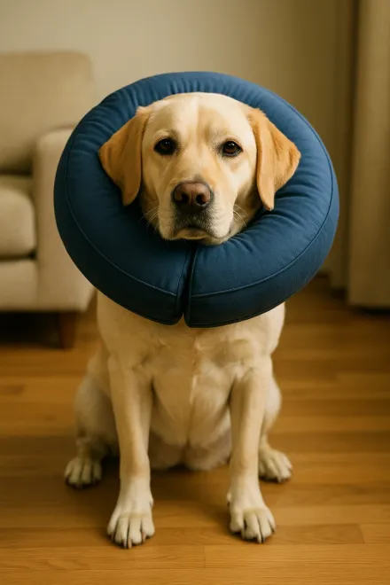 Hund mit aufblasbarem Halskragen