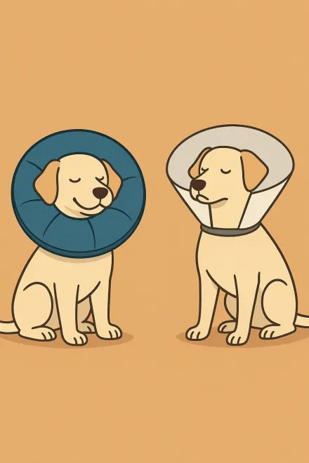 Dog wearing a fabric Elizabethan collar while playing