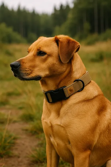 Dog wearing a Carhartt collar on an outdoor walk