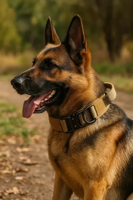 Dog wearing a tactical collar on an outdoor walk