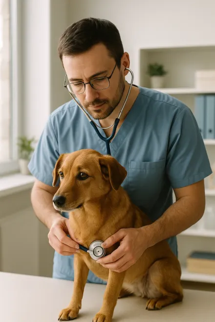 Veterinario revisando el cuello de un perro por irritación del collar